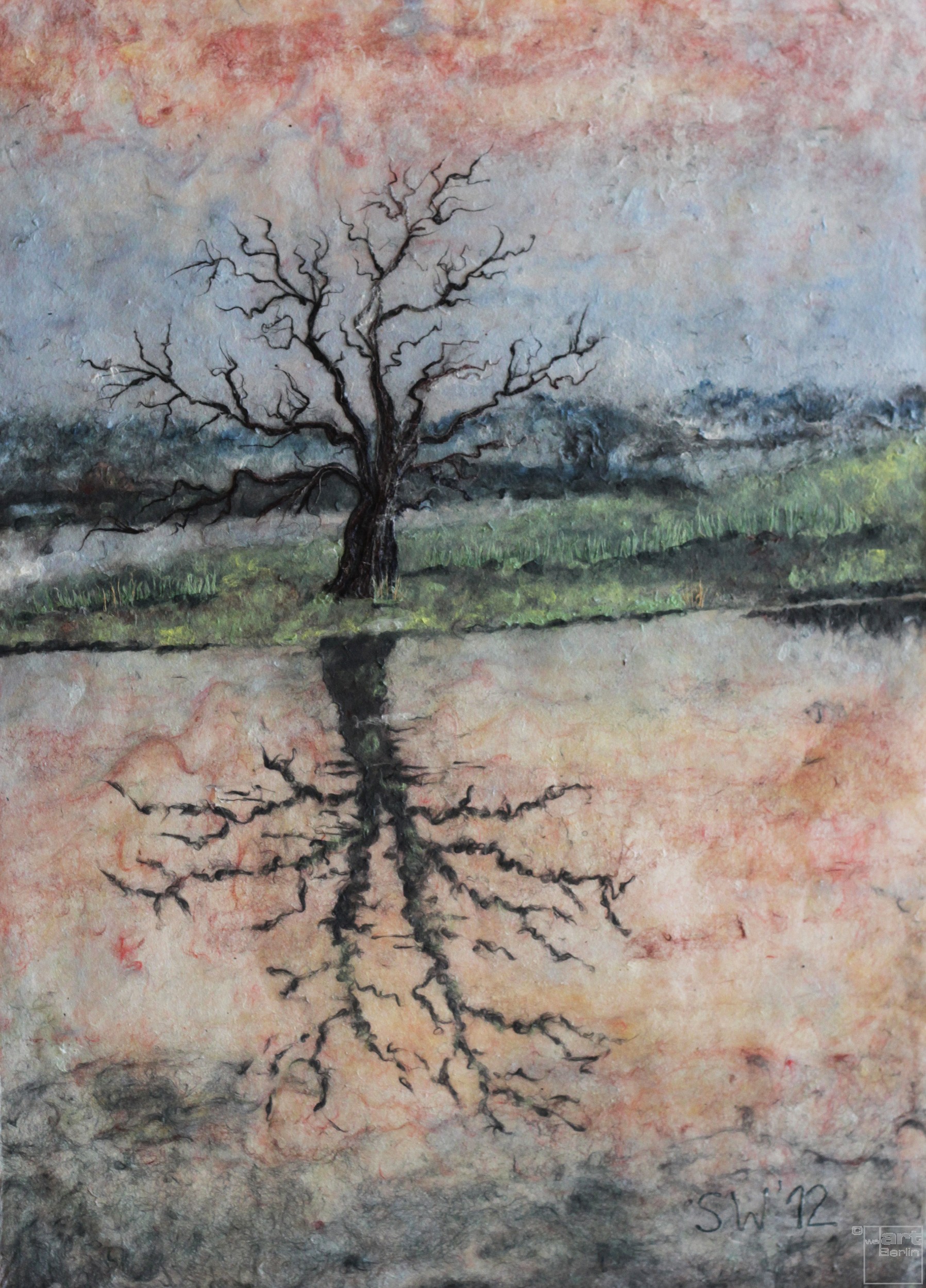 Baumspiegelung im Wasser | Malerei von Künstlerin Simone Westphal, Papiermalerei