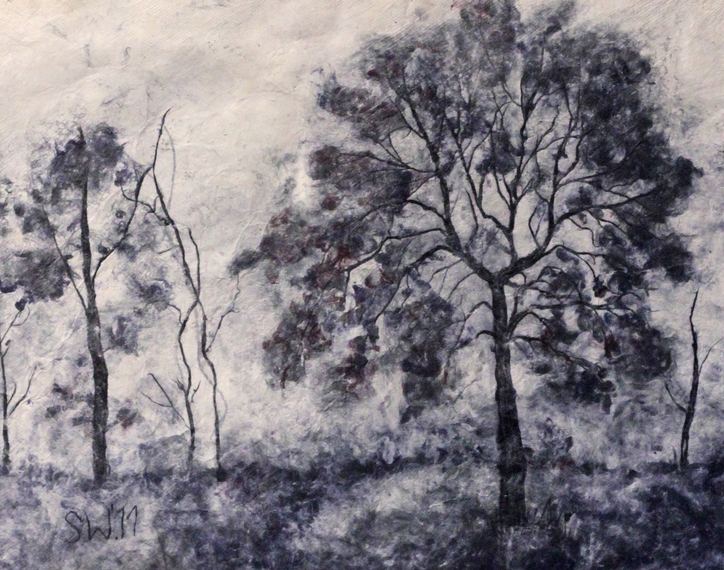 Bäume im Nebel | Malerei von Künstlerin Simone Westphal, Papiermalerei